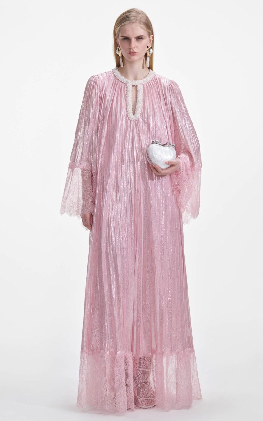 Lace Splicing Satin Faux Pearl Maxi Dress