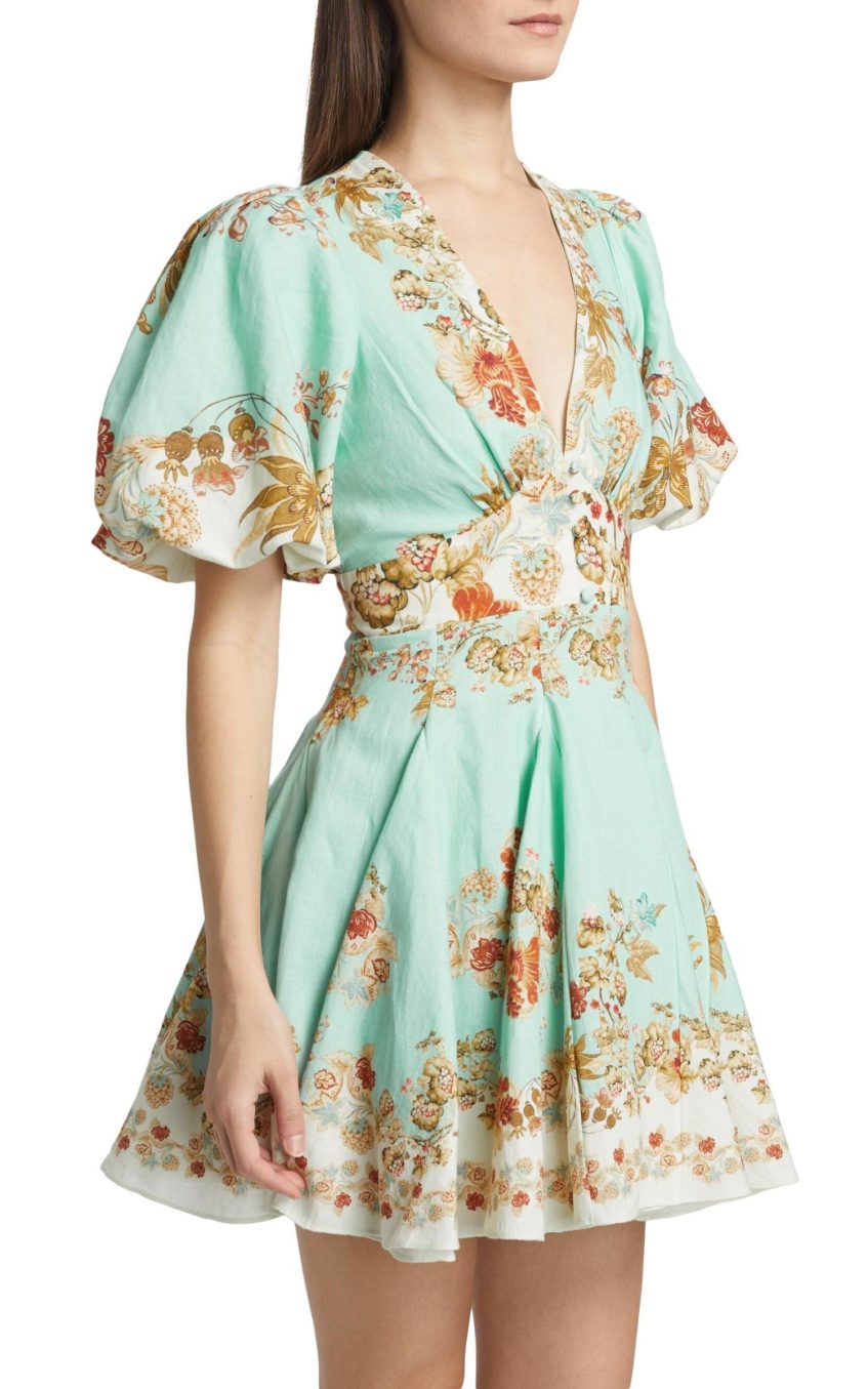 Floral Lantern Sleeve V-Neck Mini Dress
