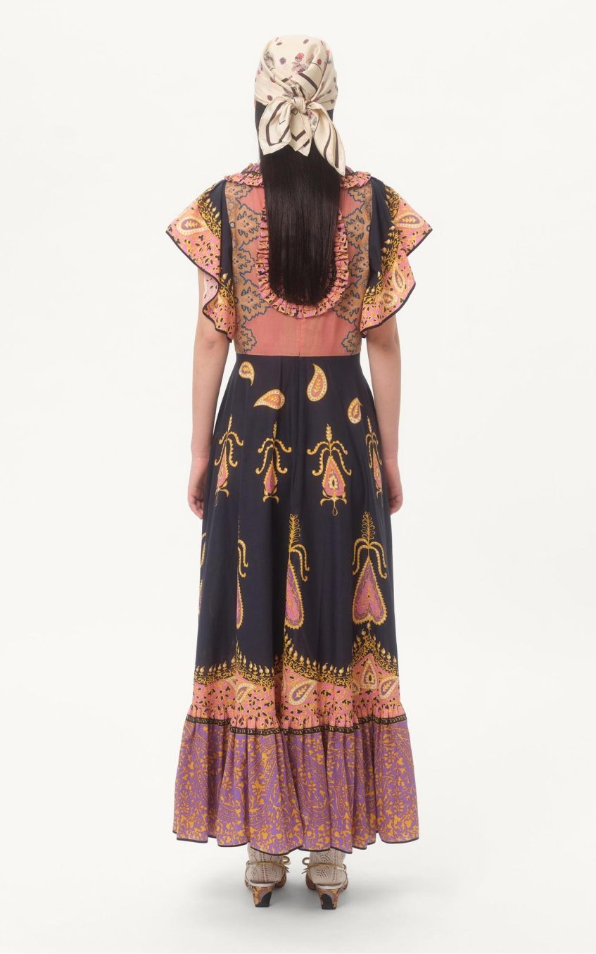 Paisley Print Frill Bell Sleeve Midi Dress