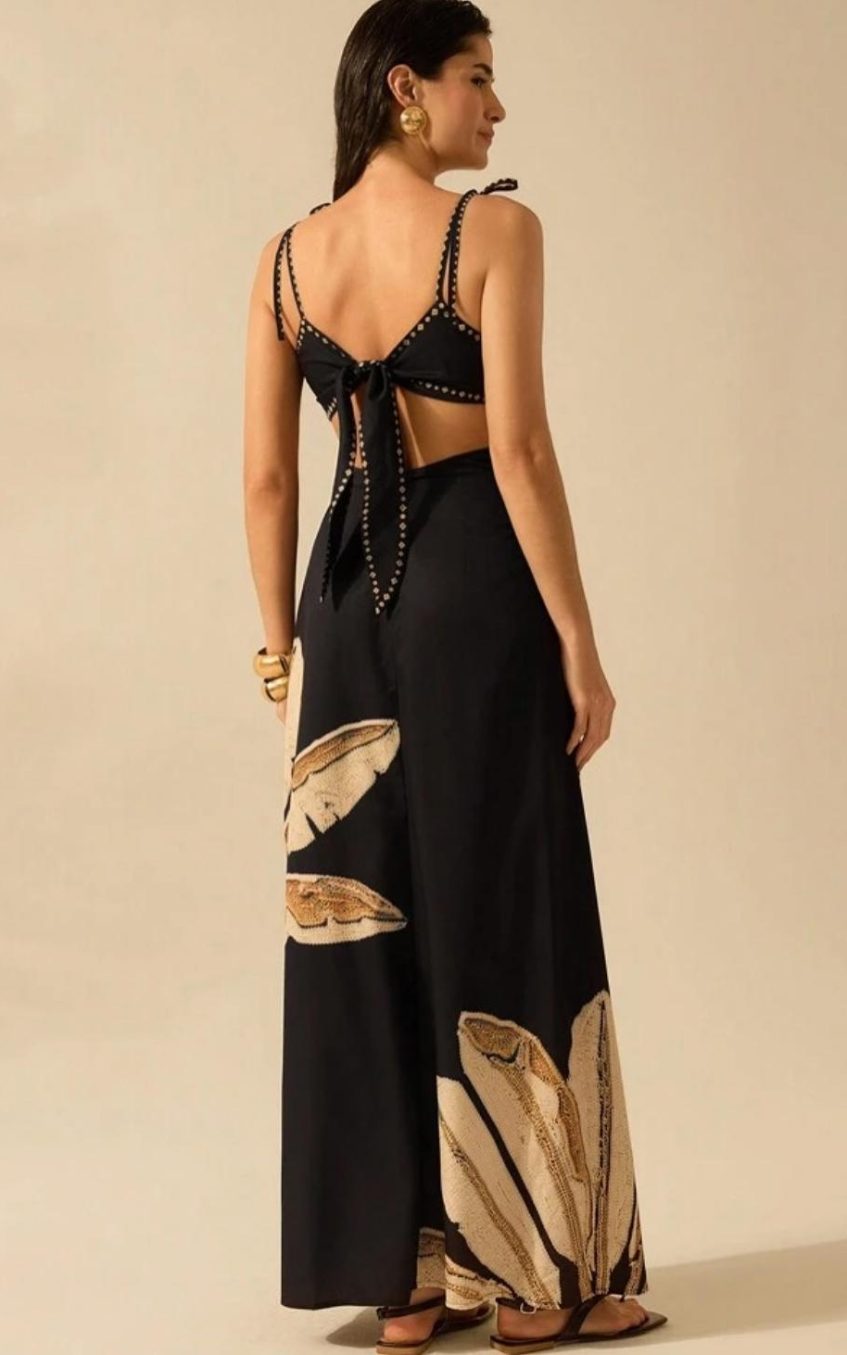 Botanical Print Lace-Up Slip Midi Dress