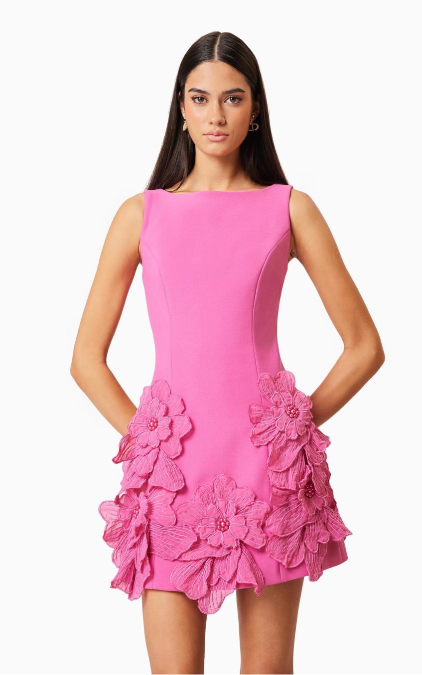 3D Flower Solid Round Neck Mini Dress