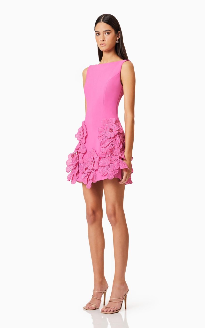 3D Flower Solid Round Neck Mini Dress