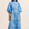 Solid High Neck Lantern Sleeve Midi Dress