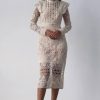 Lace Faux Pearl Button Long Sleeve Midi Dress