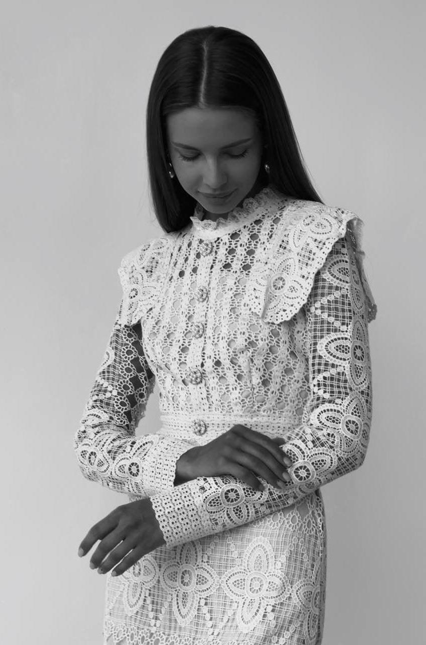 Lace Faux Pearl Button Long Sleeve Midi Dress