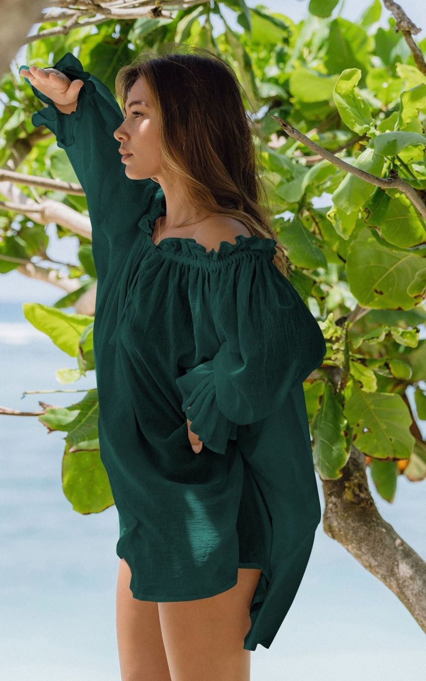 Off Shoulder Lace Up Puff Sleeve Ruched Mini Dress