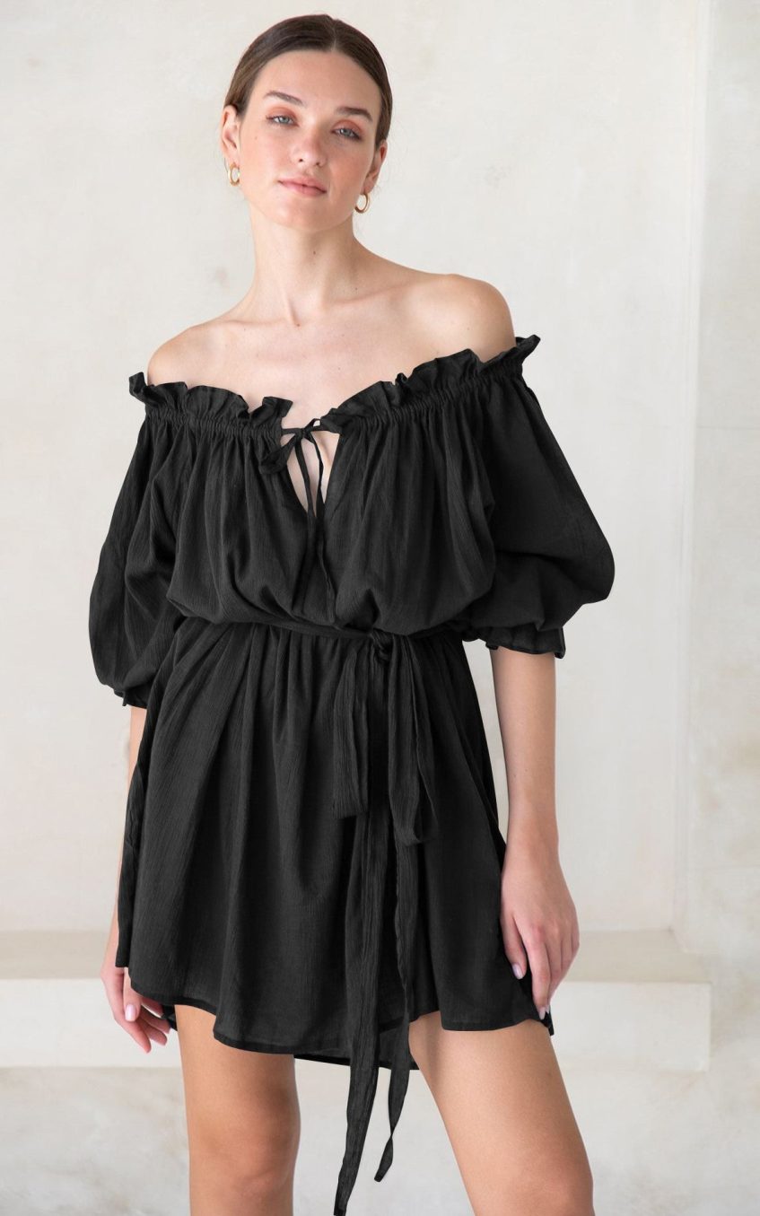 Off Shoulder Lace Up Puff Sleeve Ruched Mini Dress