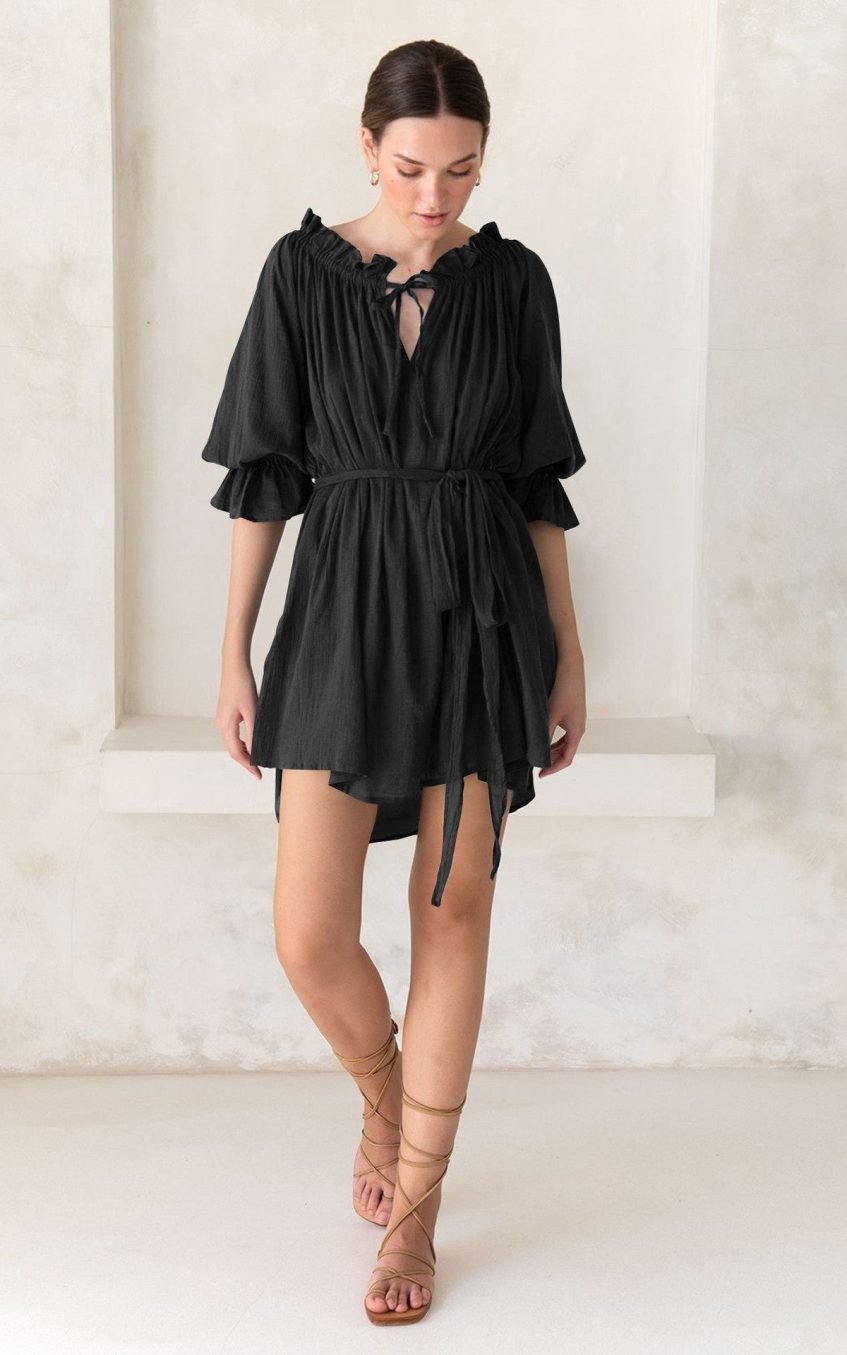Off Shoulder Lace Up Puff Sleeve Ruched Mini Dress
