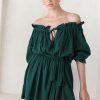 Off Shoulder Lace Up Puff Sleeve Ruched Mini Dress