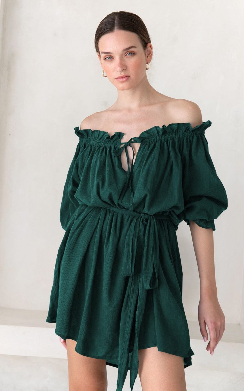 Off Shoulder Lace Up Puff Sleeve Ruched Mini Dress