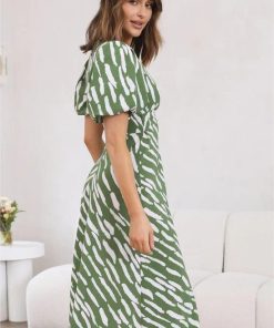 Print Puff Sleeve V-Neck Cut-Out Slit Midi Dress