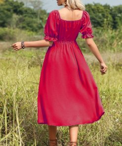 Puff Sleeve Bow Knot Midi Dress Red