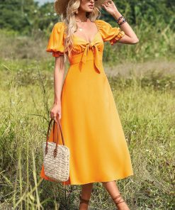 Puff Sleeve Bow Knot Midi Dress Yellow