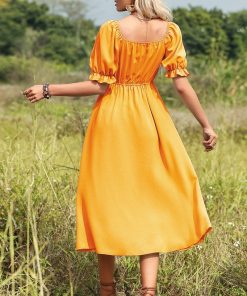 Puff Sleeve Bow Knot Midi Dress Yellow