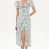 Puff Sleeve Slit Print Midi Dress Blue