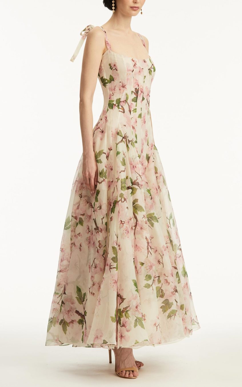 Floral Ruched Sweetheart Neck Maxi Dress