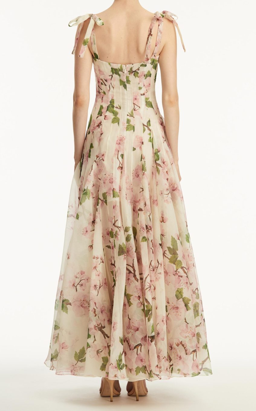 Floral Ruched Sweetheart Neck Maxi Dress