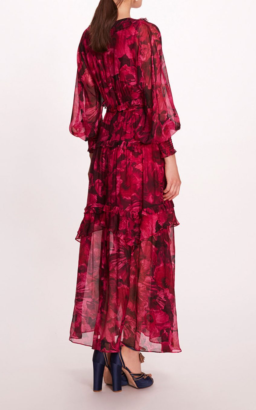 Floral Ruffle Lantern Sleeve Midi Dress