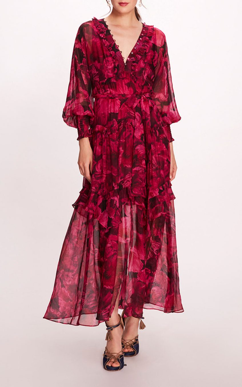 Floral Ruffle Lantern Sleeve Midi Dress