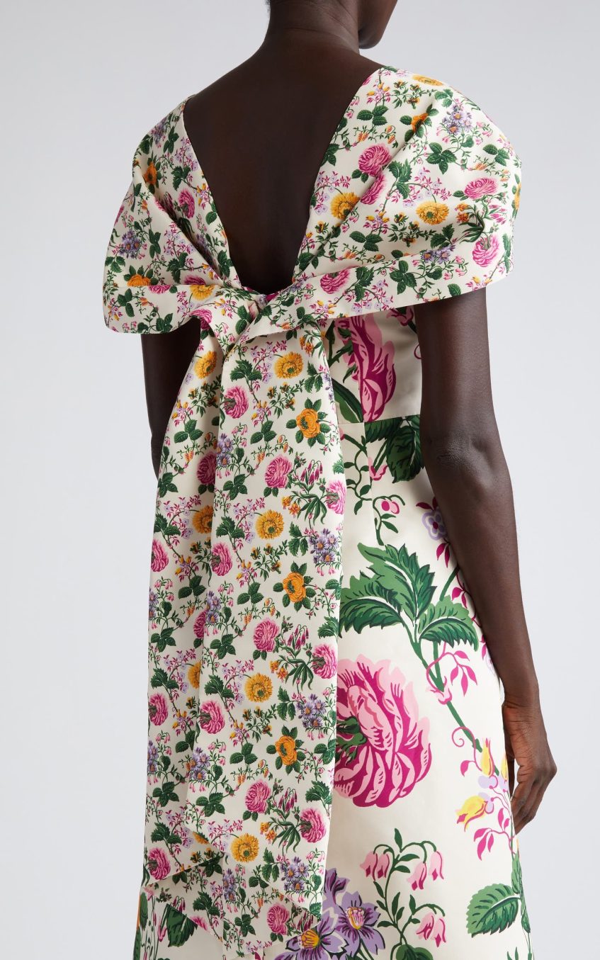 Floral Bow Draped Short Sleeve Midi Dress