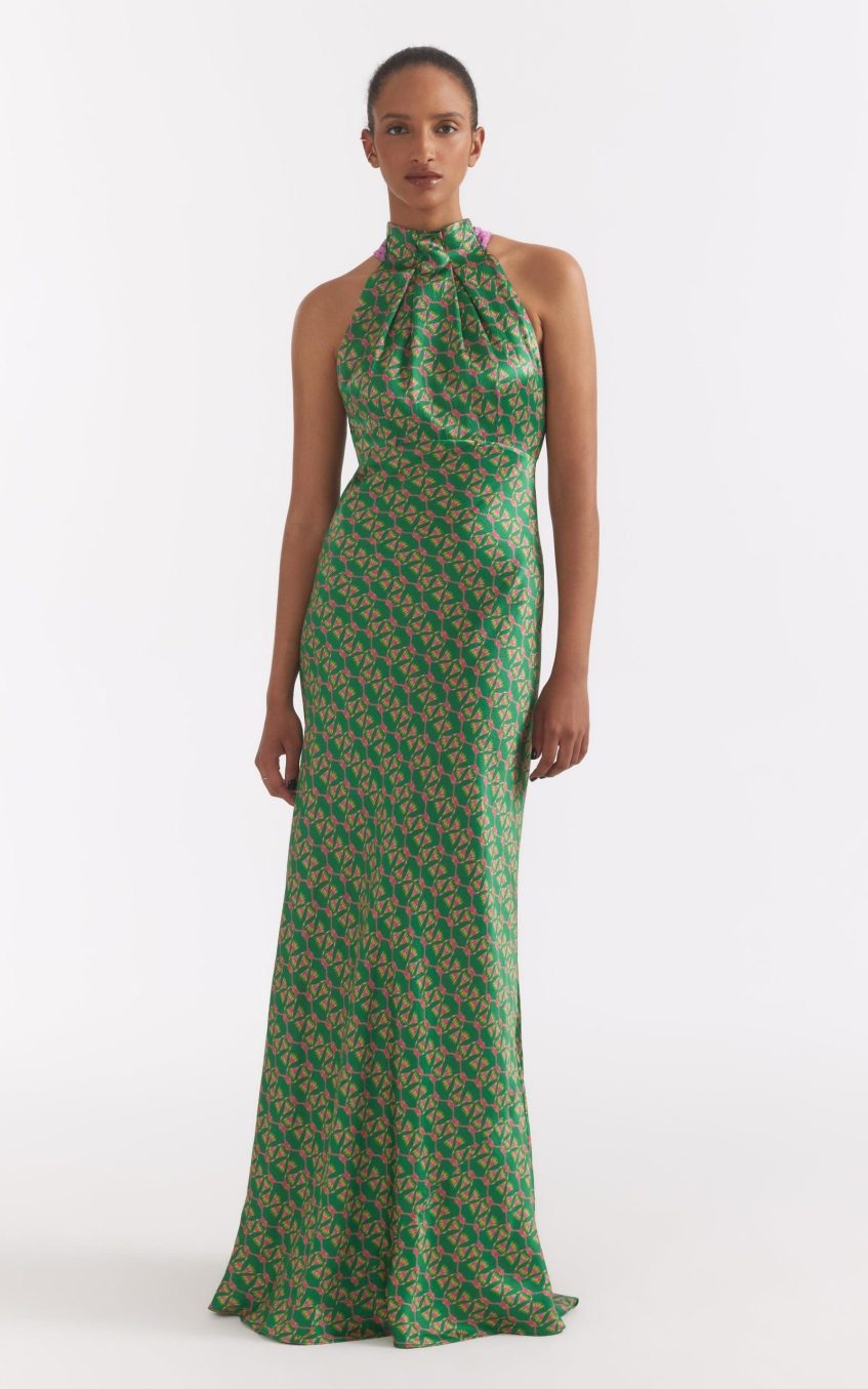Emerald Reed Print Halter Neck Sleeveless Maxi Dress