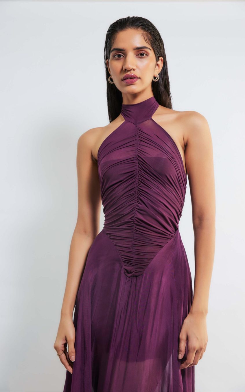 Solid Halter Neck Ruched Maxi Dress
