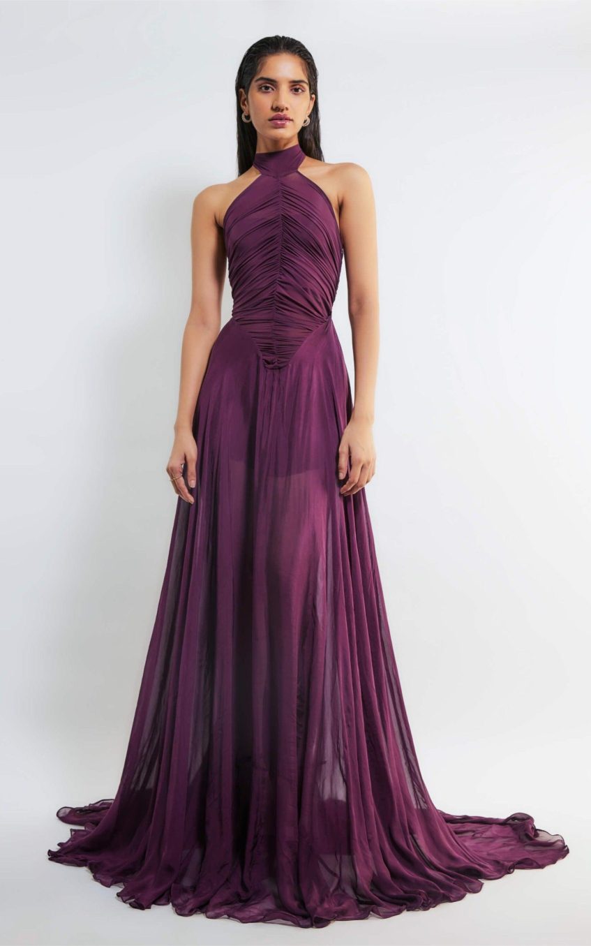 Solid Halter Neck Ruched Maxi Dress