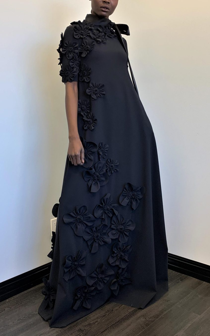 3D Flower Lace Up Mid Sleeve Maxi Dress