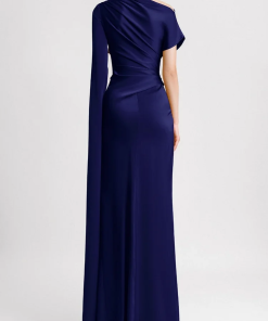 Satin Asymmetrical Neckline Draped Maxi Dress