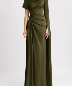 Satin Asymmetrical Neckline Draped Maxi Dress