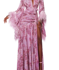 Feather Floral Long Sleeve Split Maxi Dress