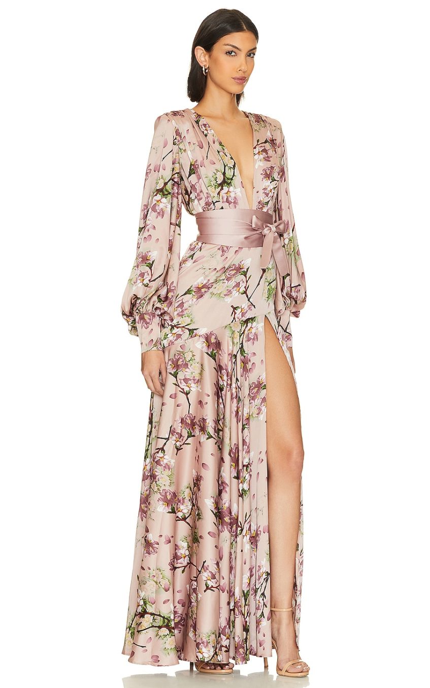 Satin V-Neck Floral Lantern Sleeve Maxi Dress