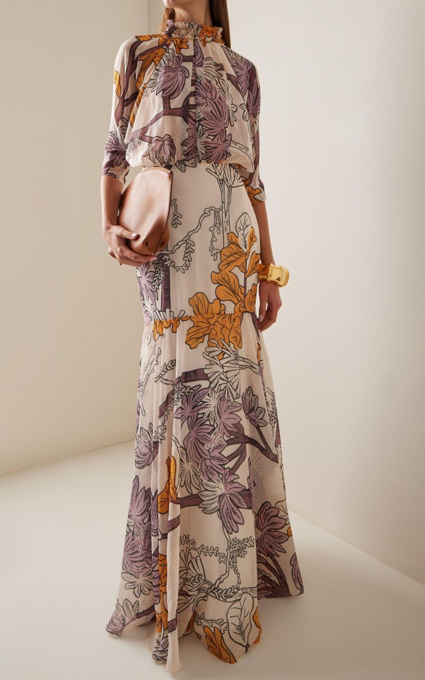 Chiffon Botanical Print Frill Maxi Dress