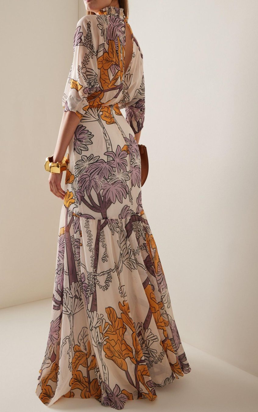 Chiffon Botanical Print Frill Maxi Dress