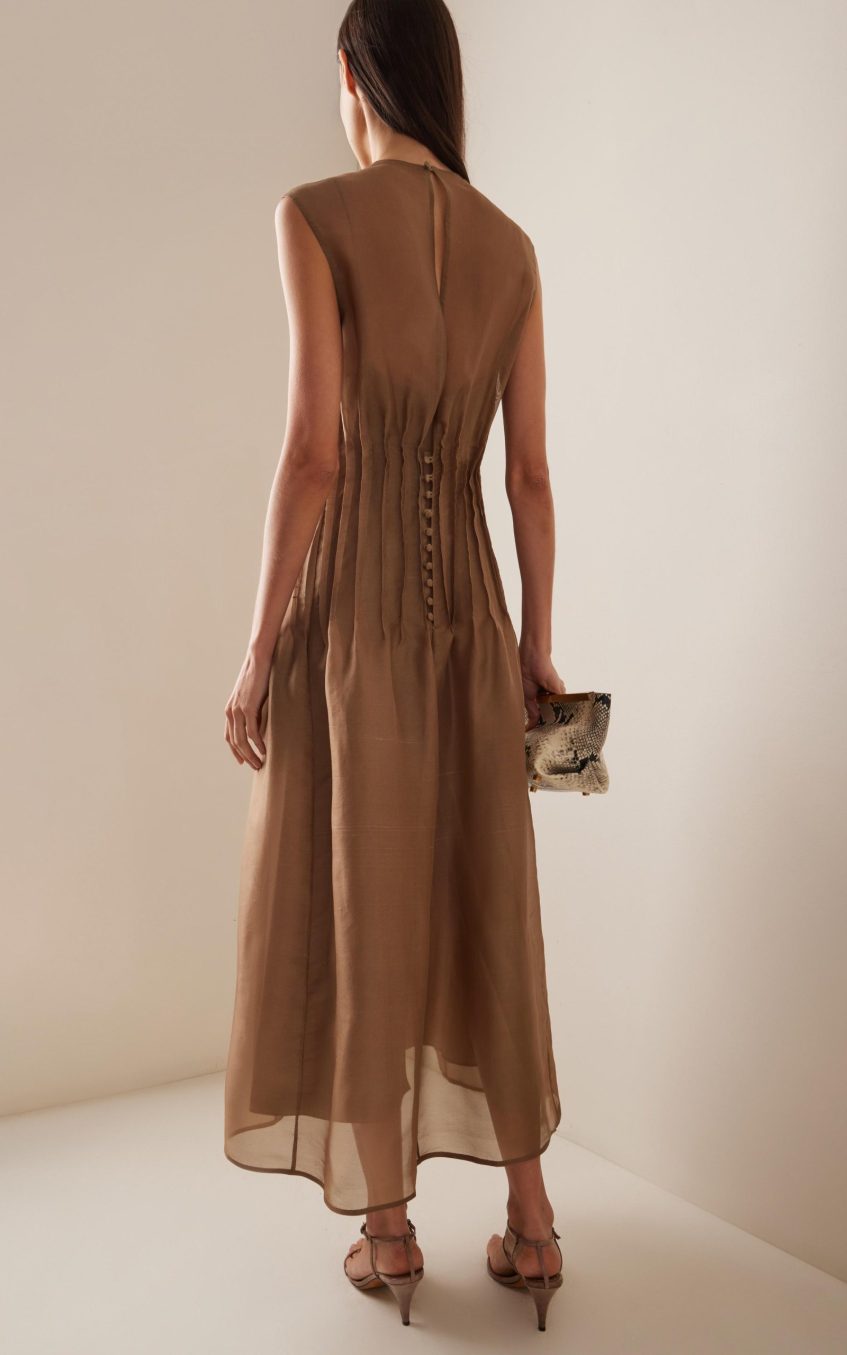 Toothpick Pleat Round Neck Sleeveless Midi  Dress