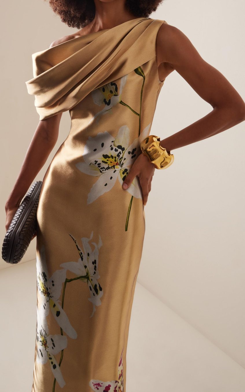 Satin Asymmetrical Neck Floral Maxi Dress