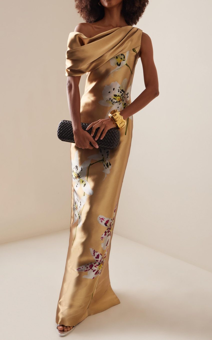 Satin Asymmetrical Neck Floral Maxi Dress
