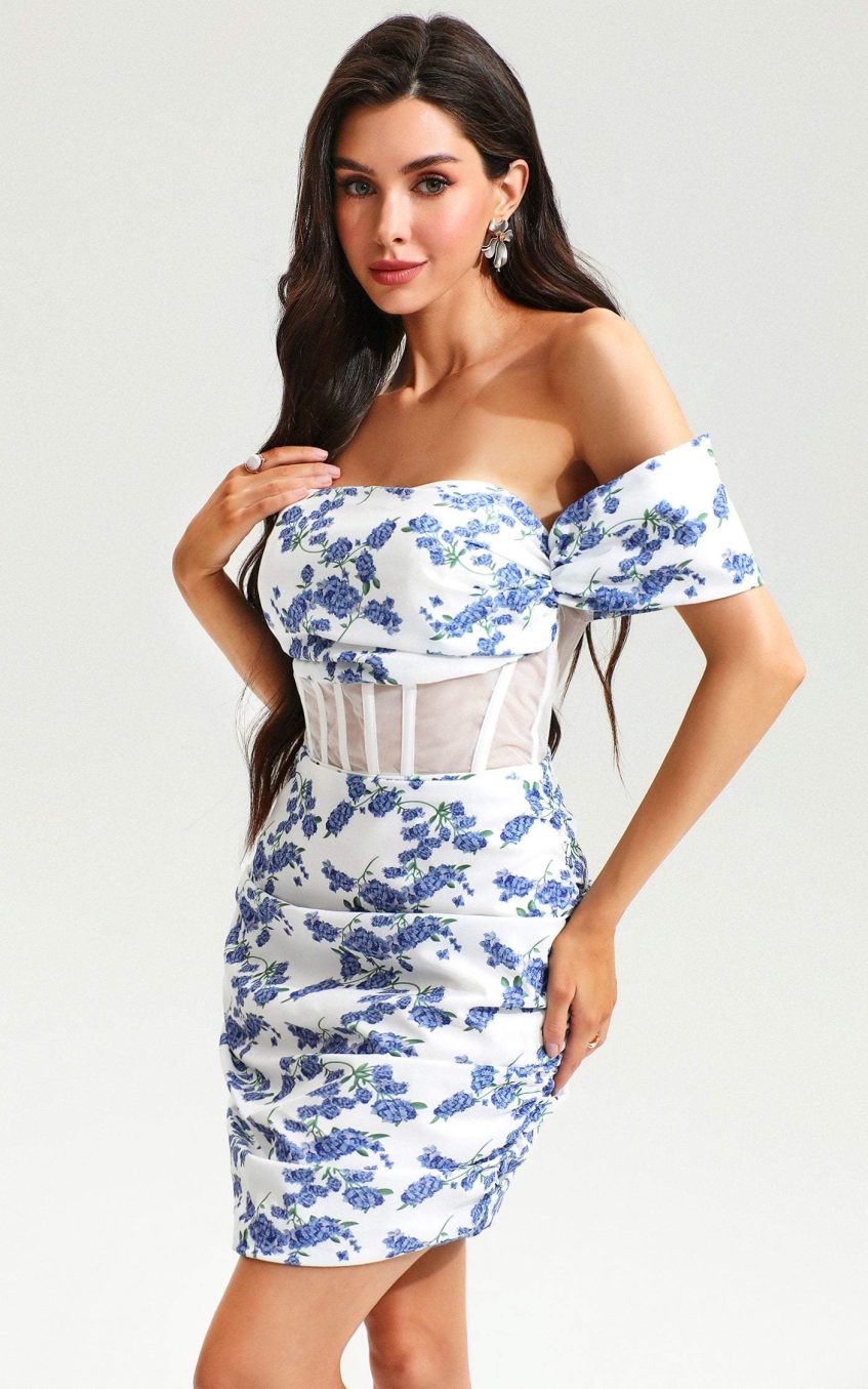 Floral One-Shoulder Backless Mini Dress Blue