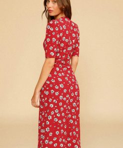 Silk Short Sleeve V-Neck Print Midi Dress