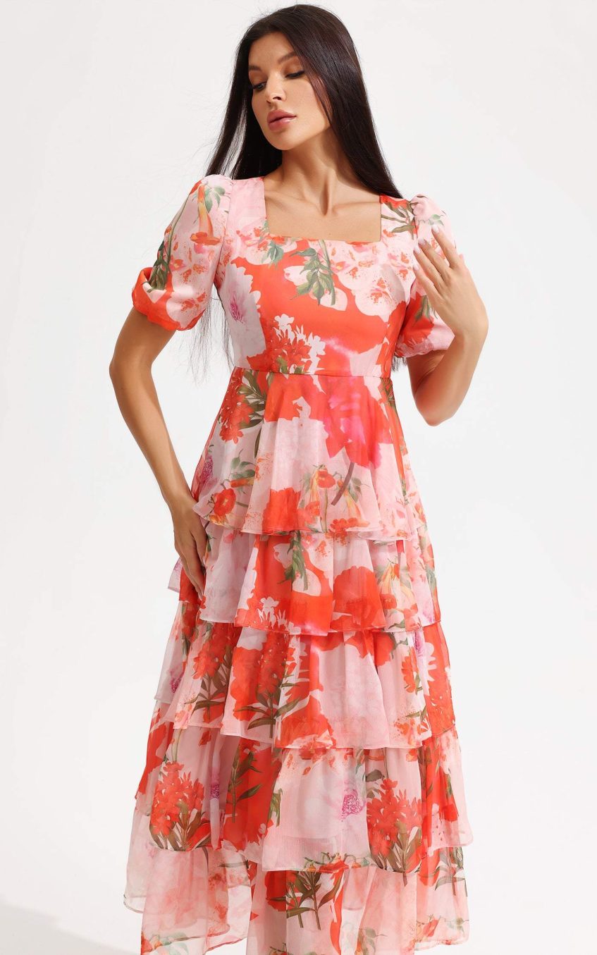 Floral Square Collar Lantern Sleeve Tapered Waist Midi Dress