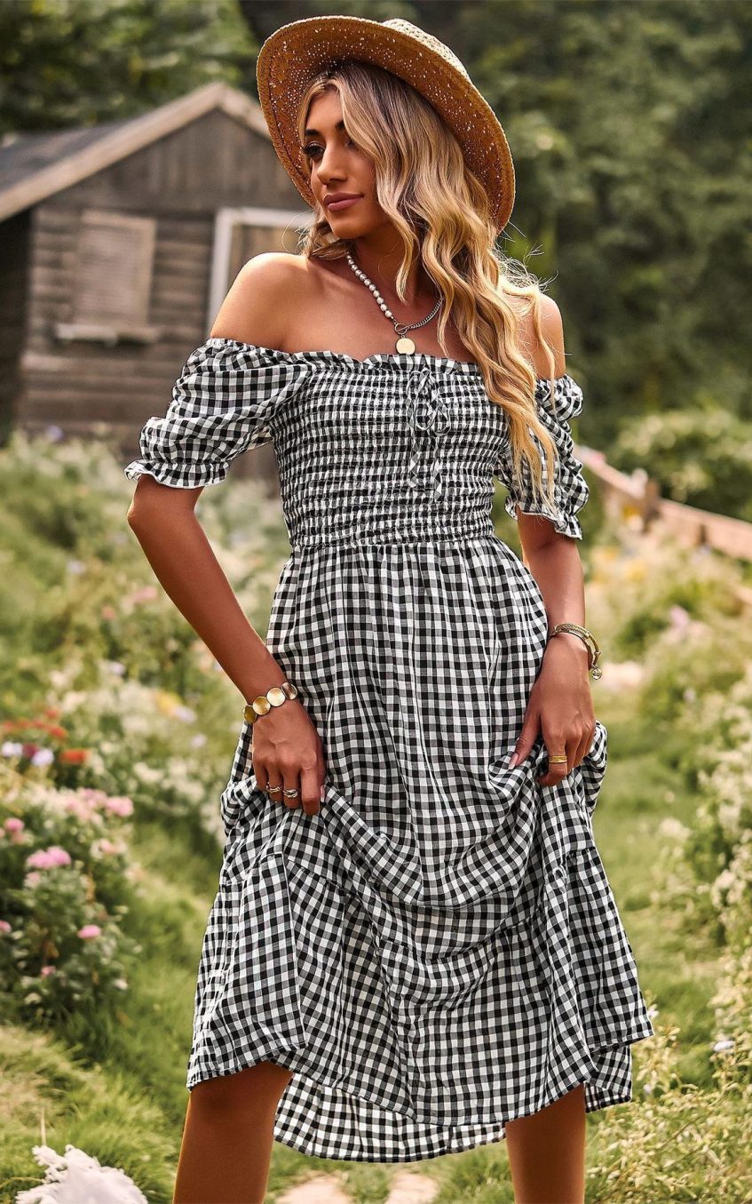 Plaid One-shoulder Midi Dress