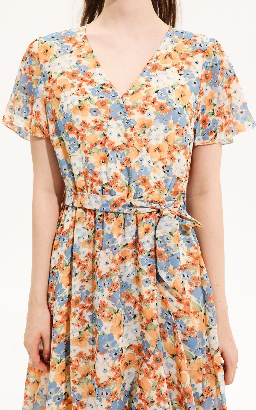 Floral V-Neck Short Sleeve Midi Dress Yellow