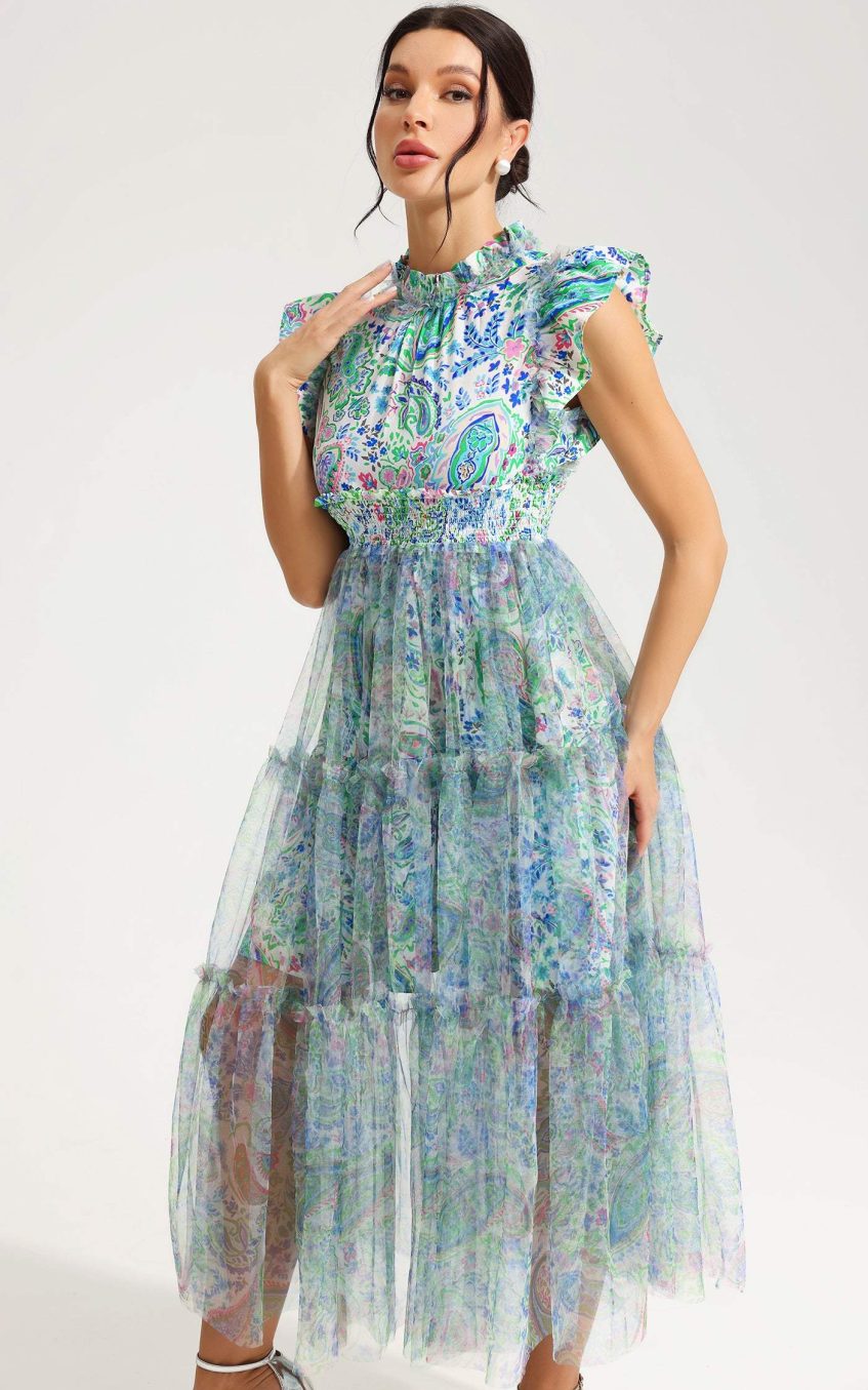 Floral Flutter Sleeve Crew Collar Tapered Waist Midi Dress Green