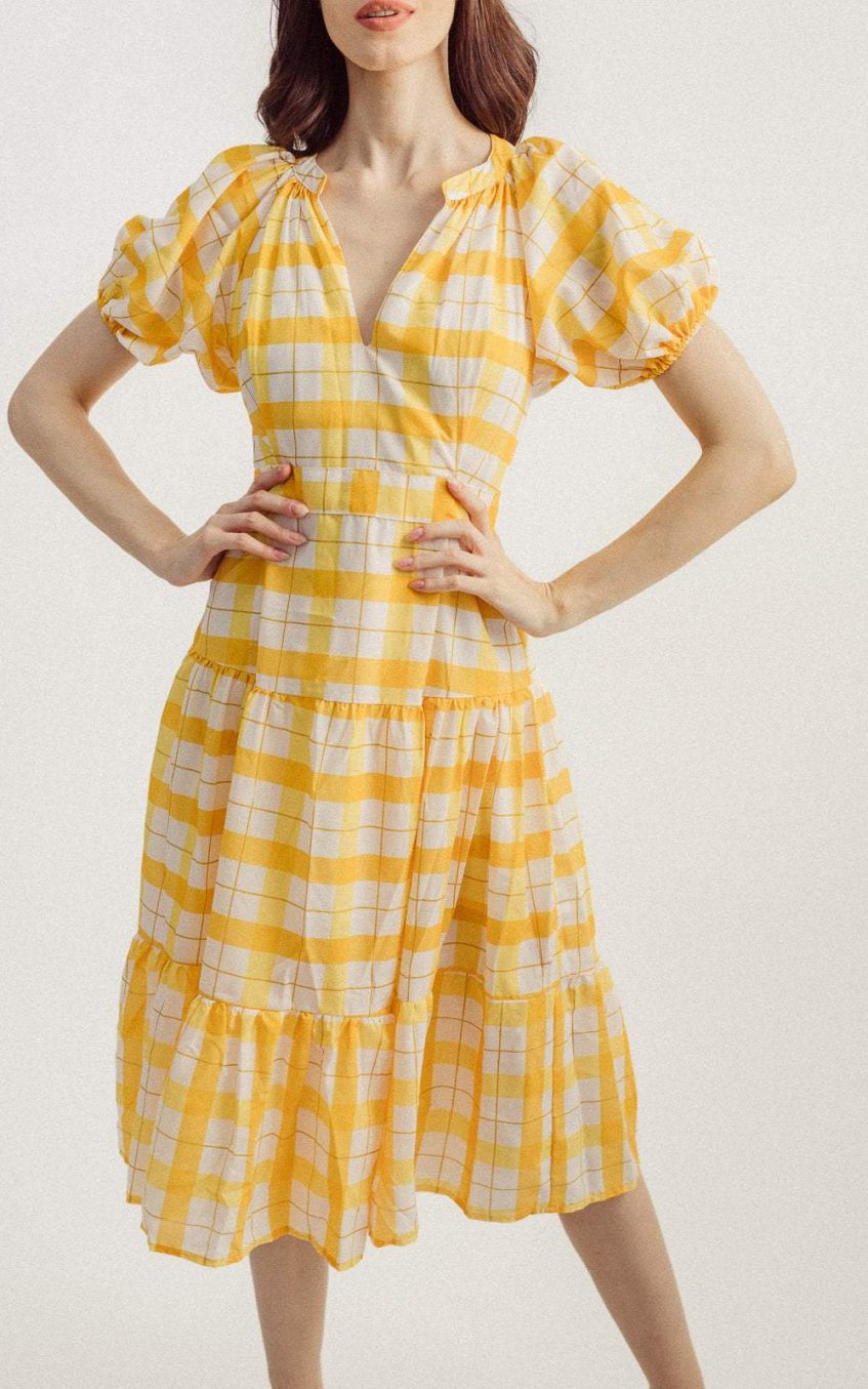 Lantern Sleeve V-neck Lattice Midi Dress Yellow