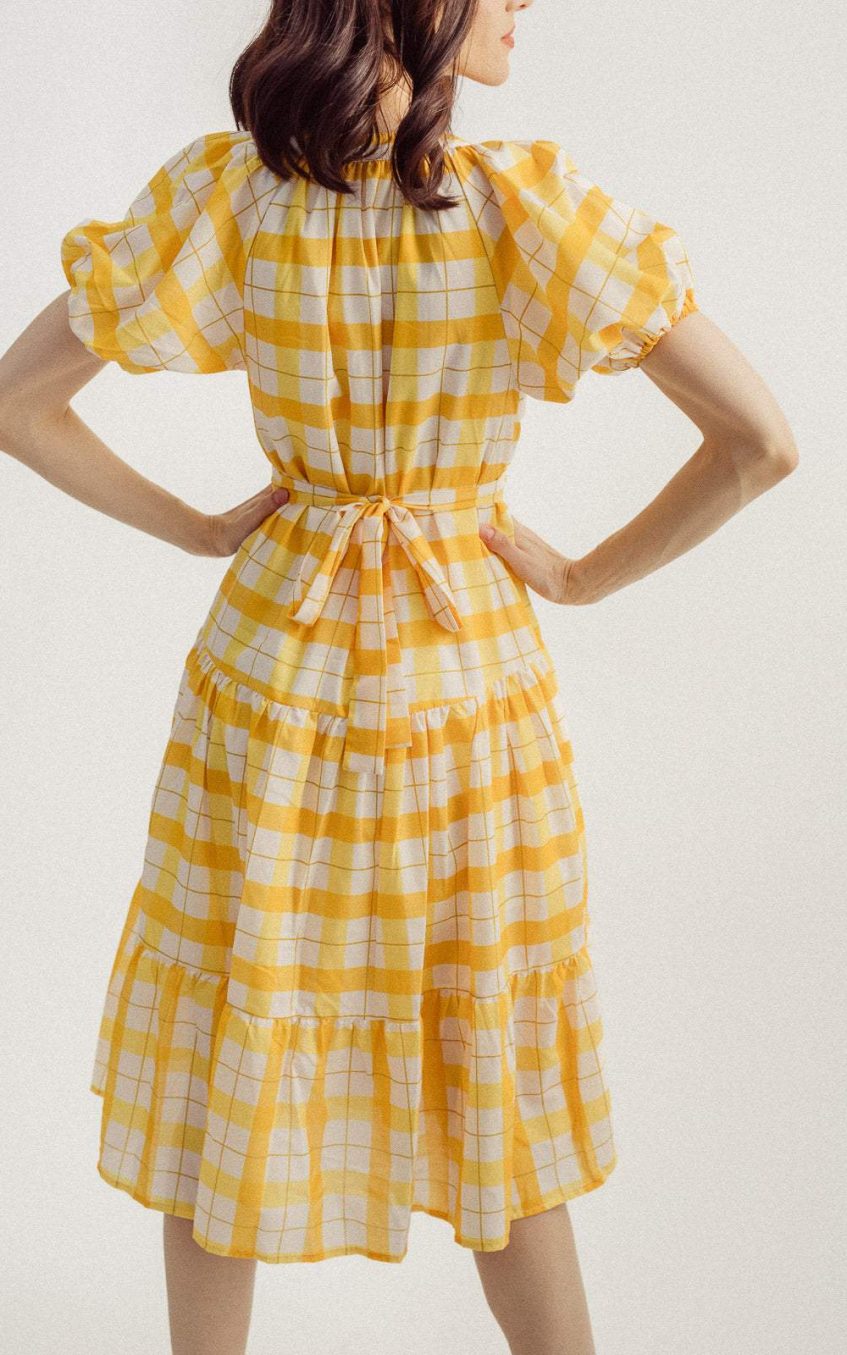 Lantern Sleeve V-neck Lattice Midi Dress Yellow