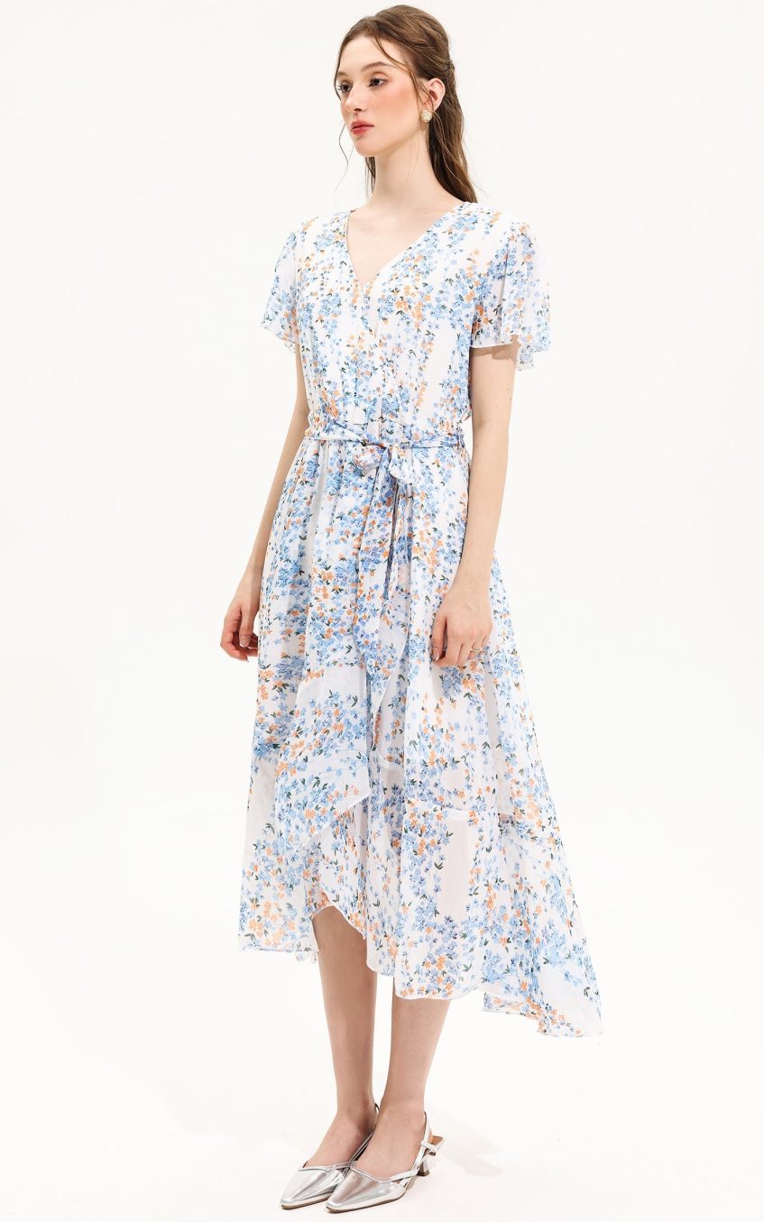 Floral V-Neck Short Sleeve Midi Dress Yellow