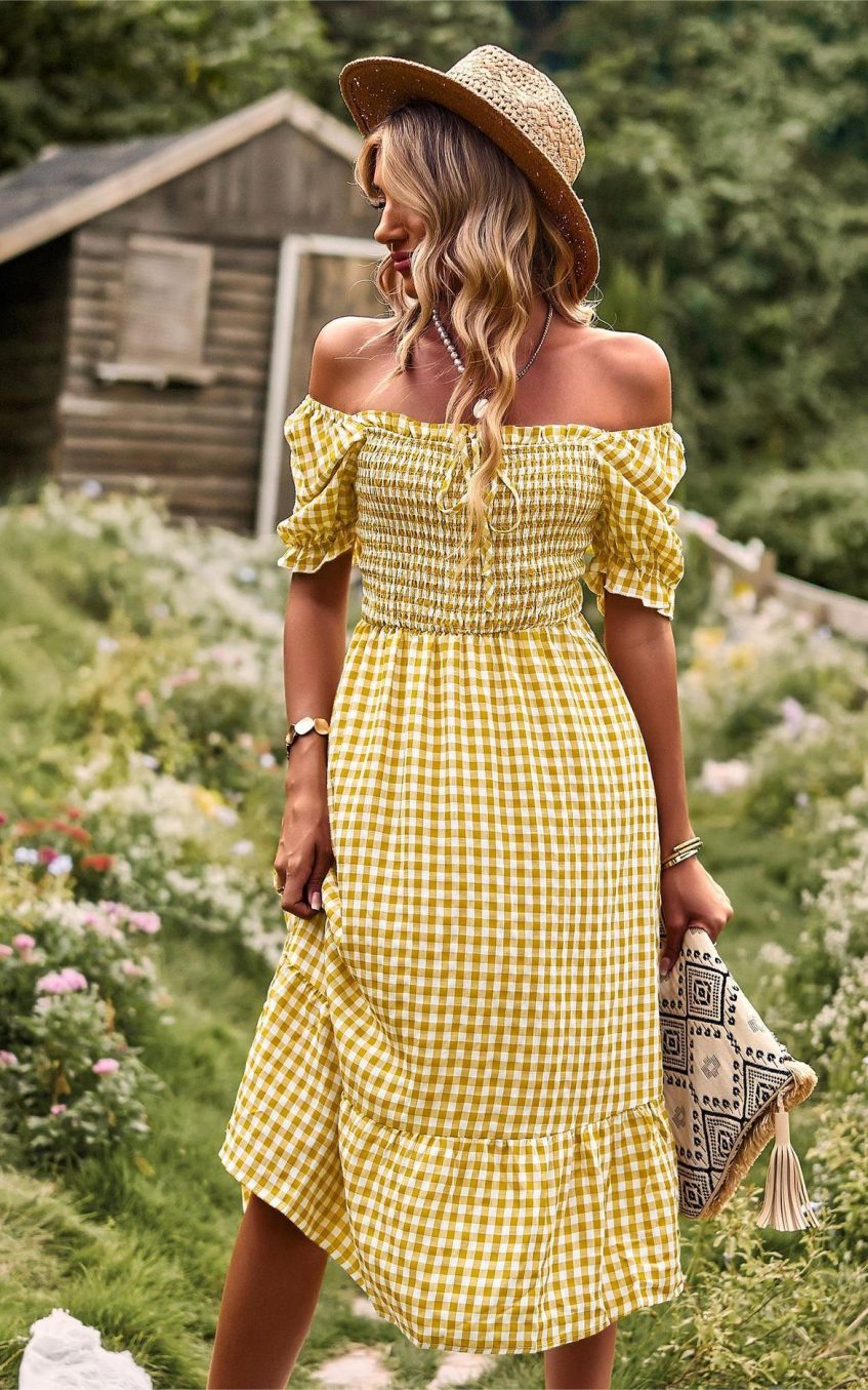 Plaid One-shoulder Midi Dress