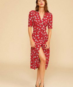 Silk Short Sleeve V-Neck Print Midi Dress