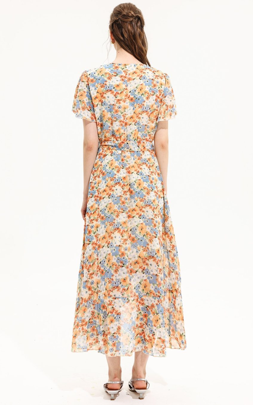 Floral V-Neck Short Sleeve Midi Dress Yellow