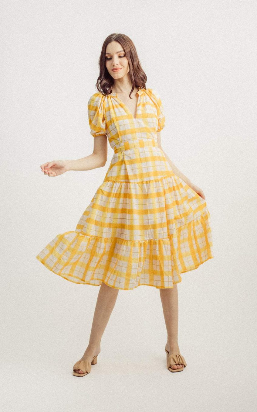 Lantern Sleeve V-neck Lattice Midi Dress Yellow